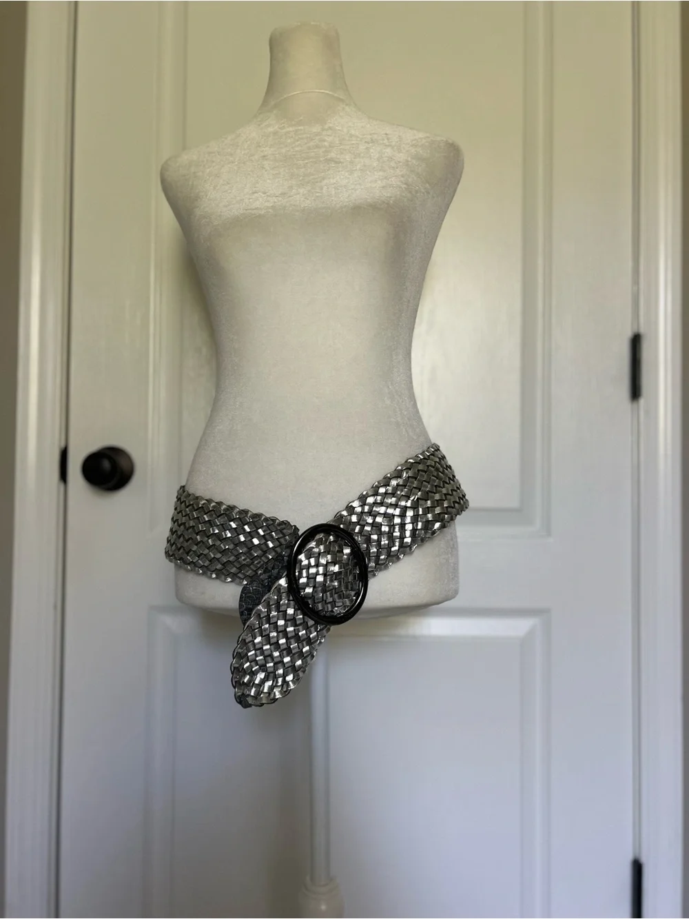 Silver Woven Statement Wide Belt with Oval Buckle Leather Adjustable